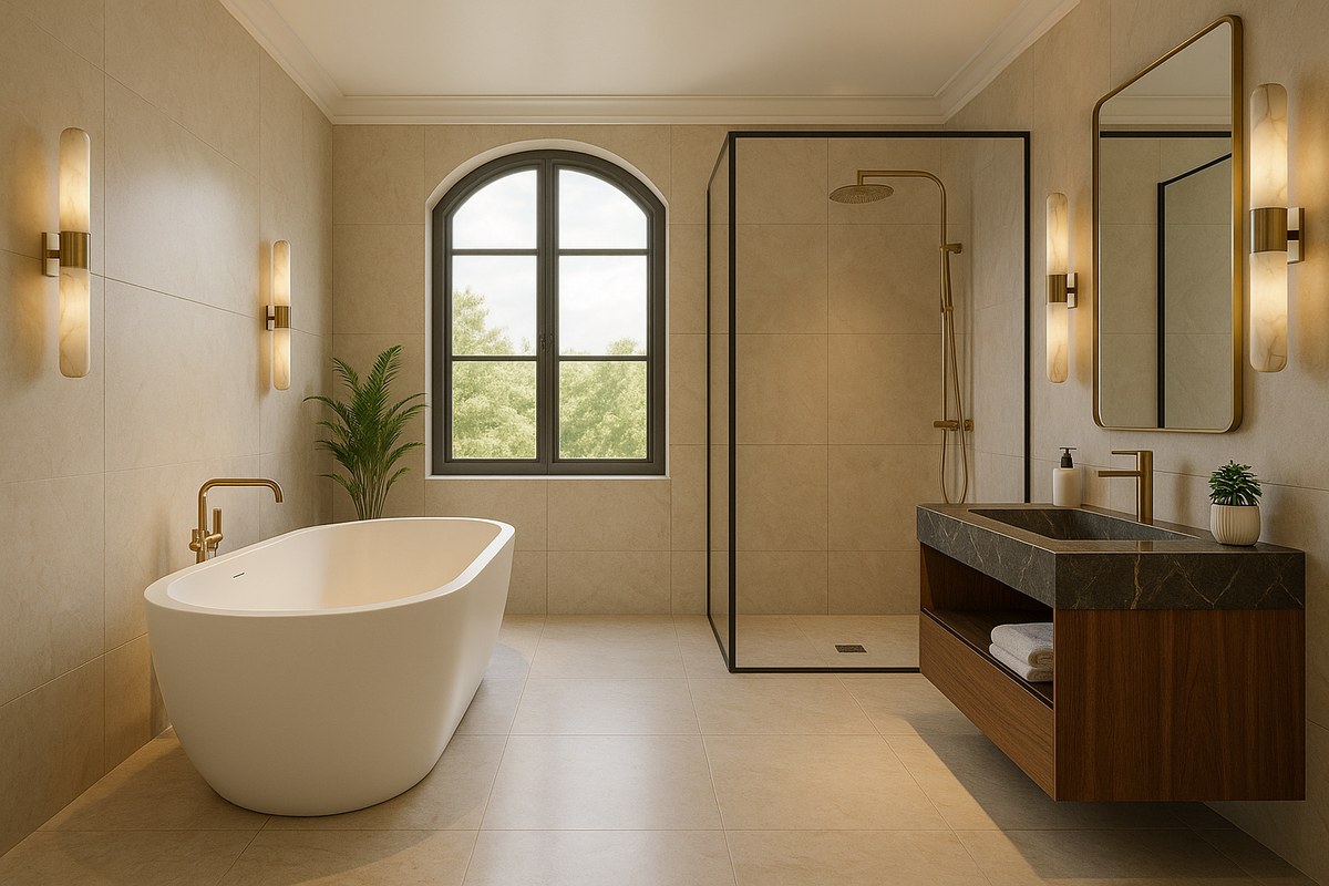 Salle de bain avec baignoire et douche carrelée