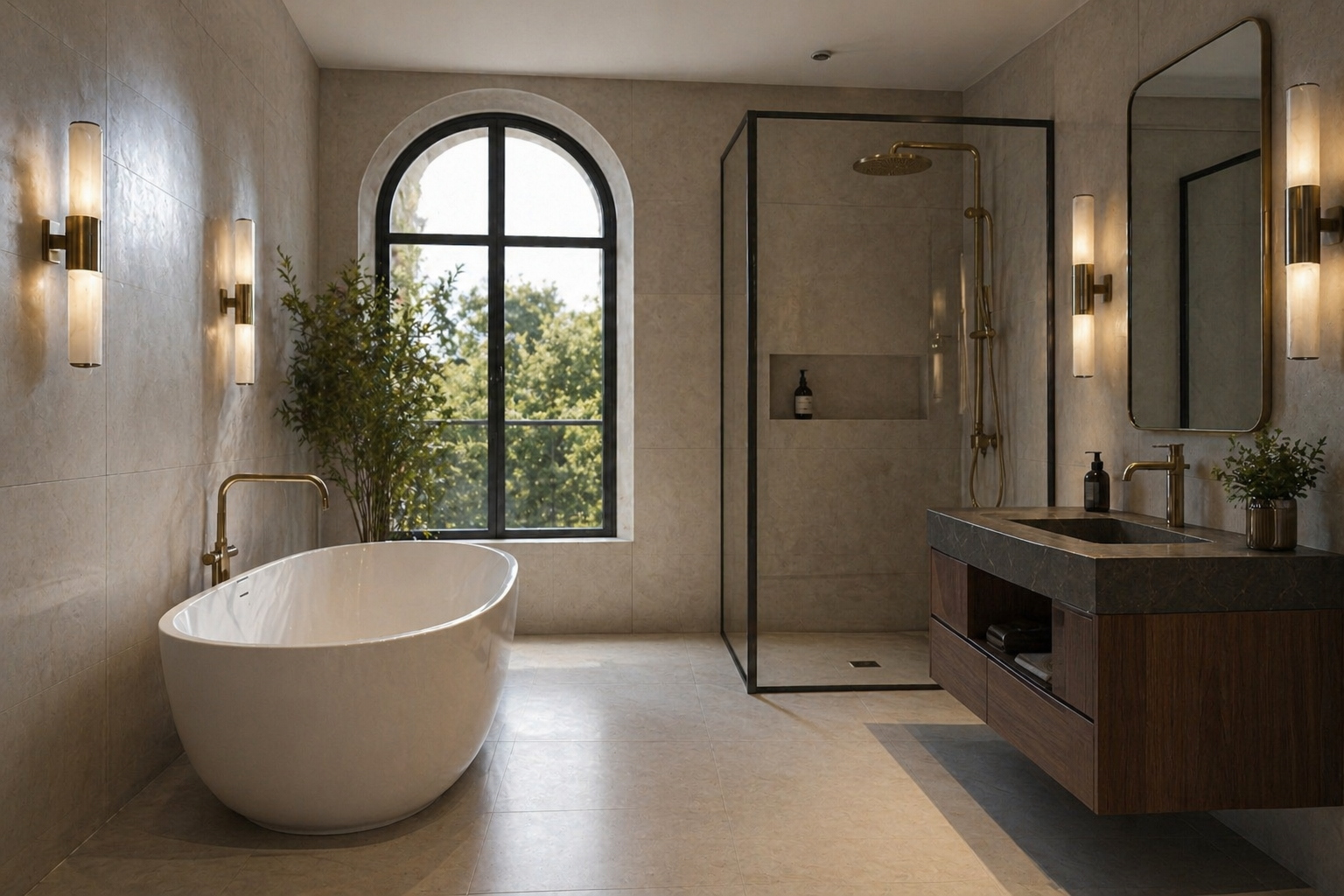 Salle de bain avec baignoire et douche carrelée