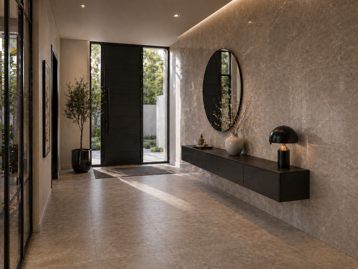 entrée de maison luxueuse avec mur pan de mur carrelé