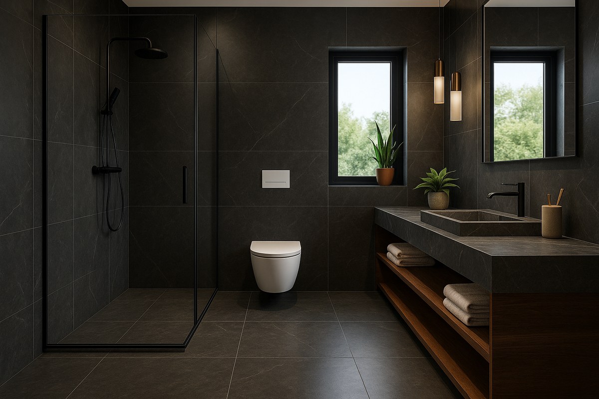 Salle de bain sombre carrelée – douche et vasque