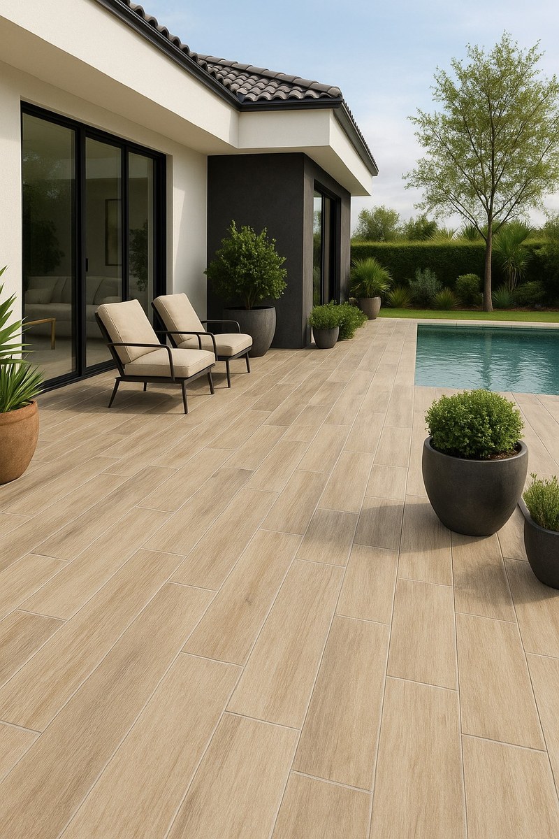 Terrasse extérieure carrelée – aspect bois