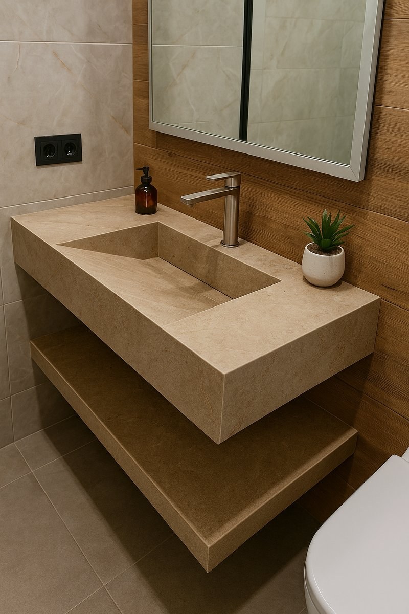 Vasque carrelée 4 pans – beige avec tablette