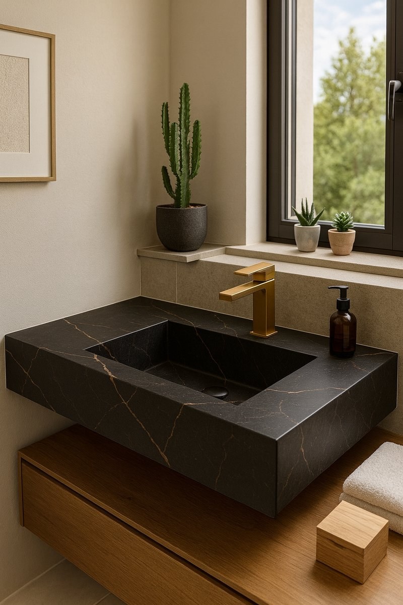 Vasque carrelée 4 pans – noir veiné et robinet or