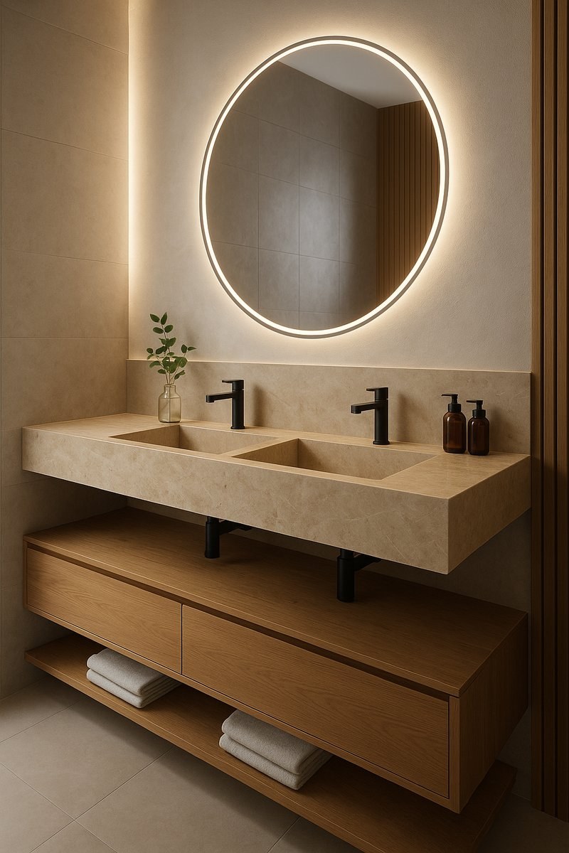 Double vasque carrelée – beige, miroir rond rétroéclairé