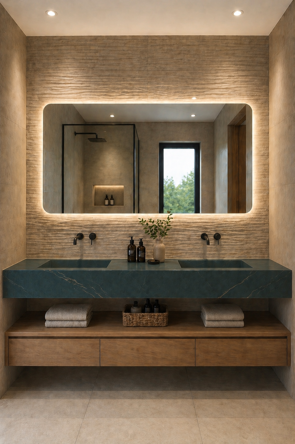 double vasque carrelé sur mesure avec miroir rond
